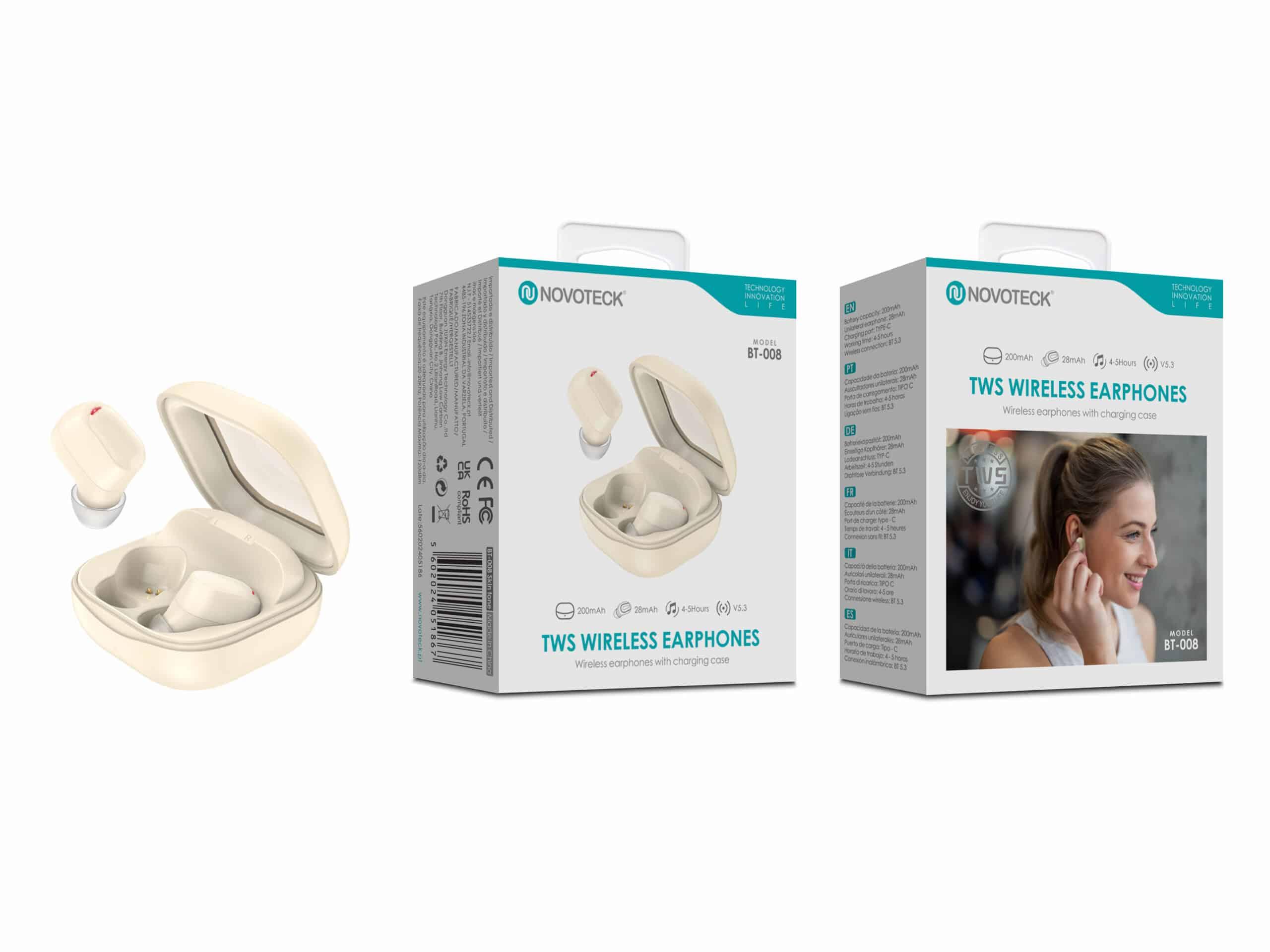 Auriculares Bluetooth TWS Beje BT - 008 – Estojo de Carregamento, Design Compacto