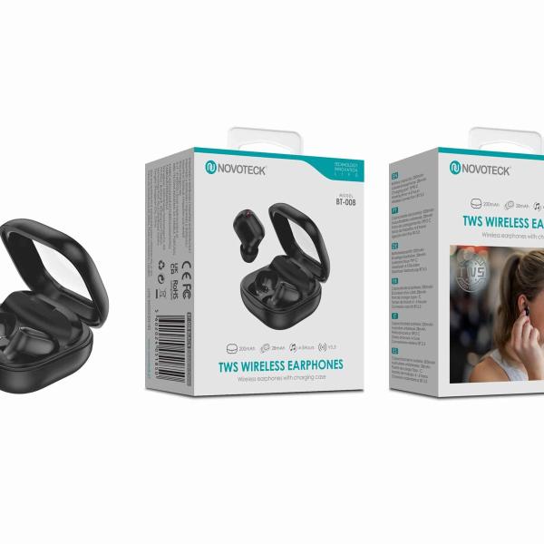 Auriculares Bluetooth TWS Negro BT-008 – Estojo de Carregamento, Design Compacto