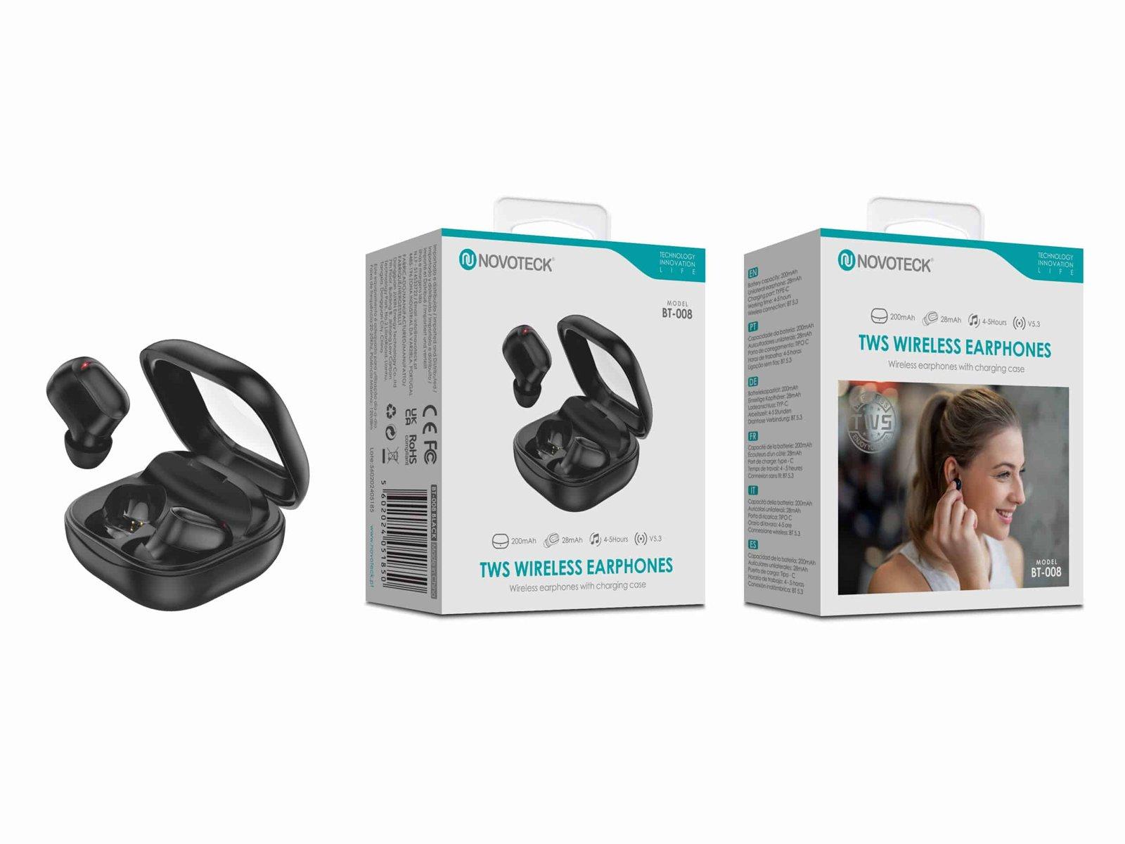 Auriculares Bluetooth TWS Negro BT-008 – Estojo de Carregamento, Design Compacto