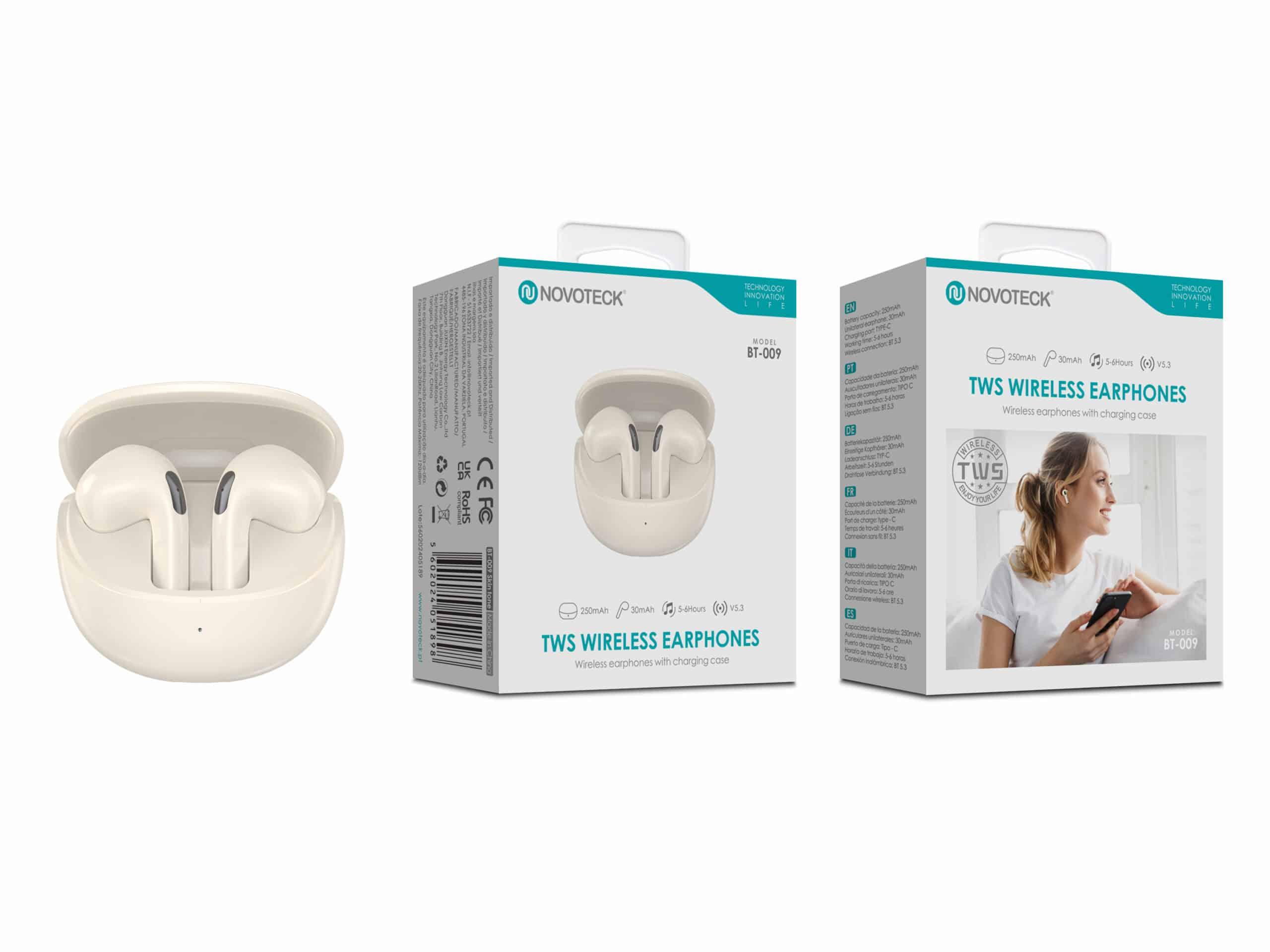 Auriculares Bluetooth TWS Beje BT - 009 – Estojo de Carregamento, Design Elegante