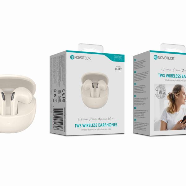 Auriculares Bluetooth TWS Beje BT - 009 – Estojo de Carregamento, Design Elegante