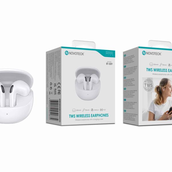 Auriculares Bluetooth TWS Branco BT - 009 – Estojo de Carregamento, Design Elegante