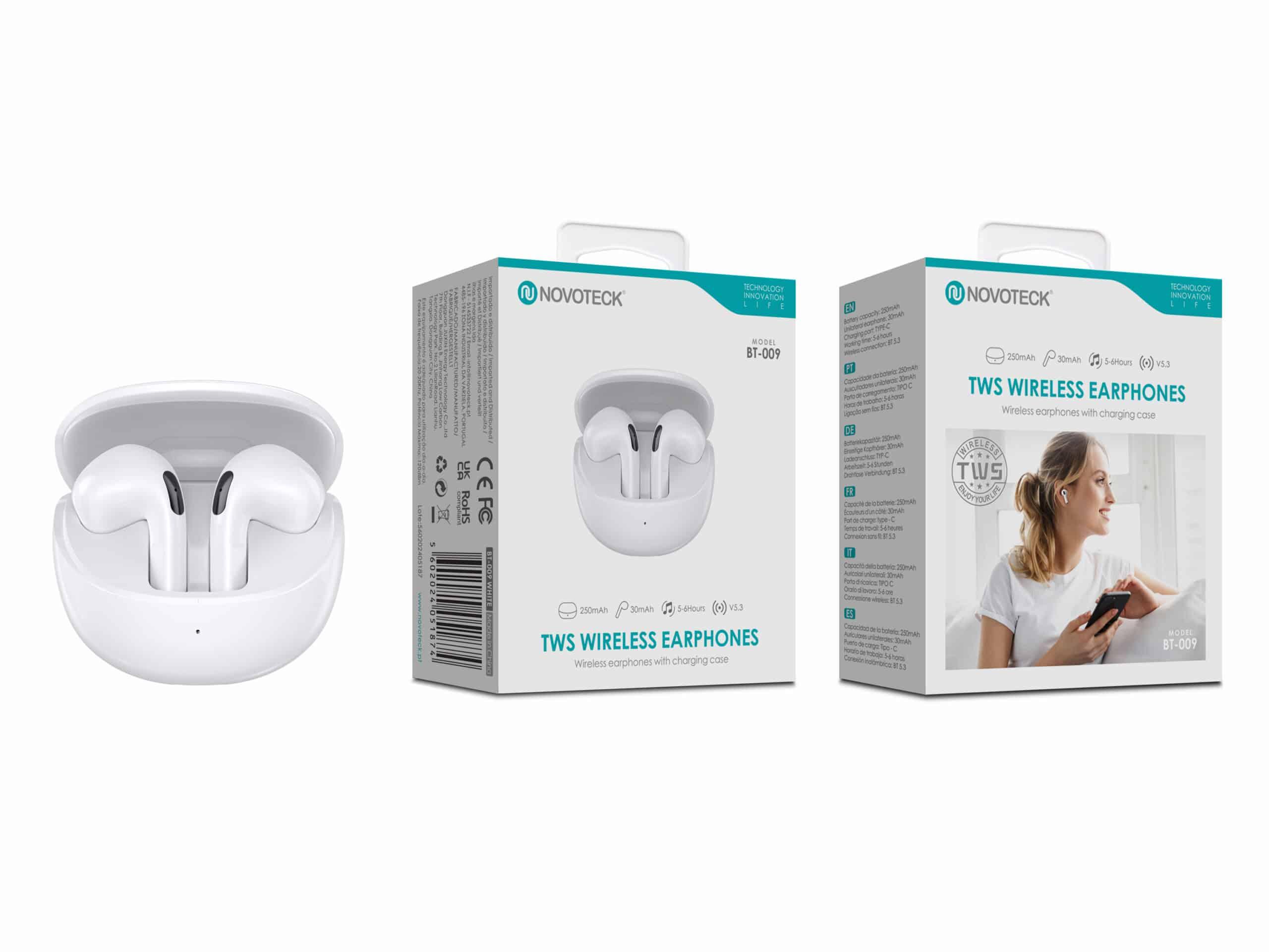 Auriculares Bluetooth TWS Branco BT - 009 – Estojo de Carregamento, Design Elegante