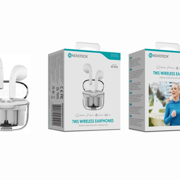 Auriculares Bluetooth TWS Branco BT - 010 – Estojo de Carregamento Transparente, Design Moderno