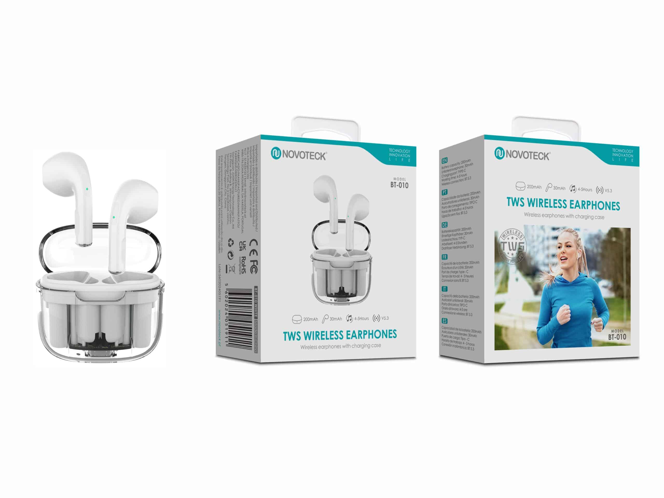 Auriculares Bluetooth TWS Branco BT - 010 – Estojo de Carregamento Transparente, Design Moderno