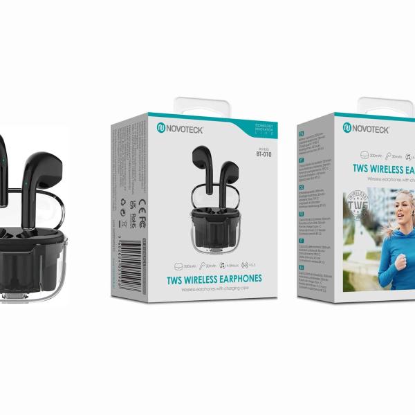Auriculares Bluetooth TWS Negro BT-010 – Estojo de Carregamento Transparente, Design Moderno