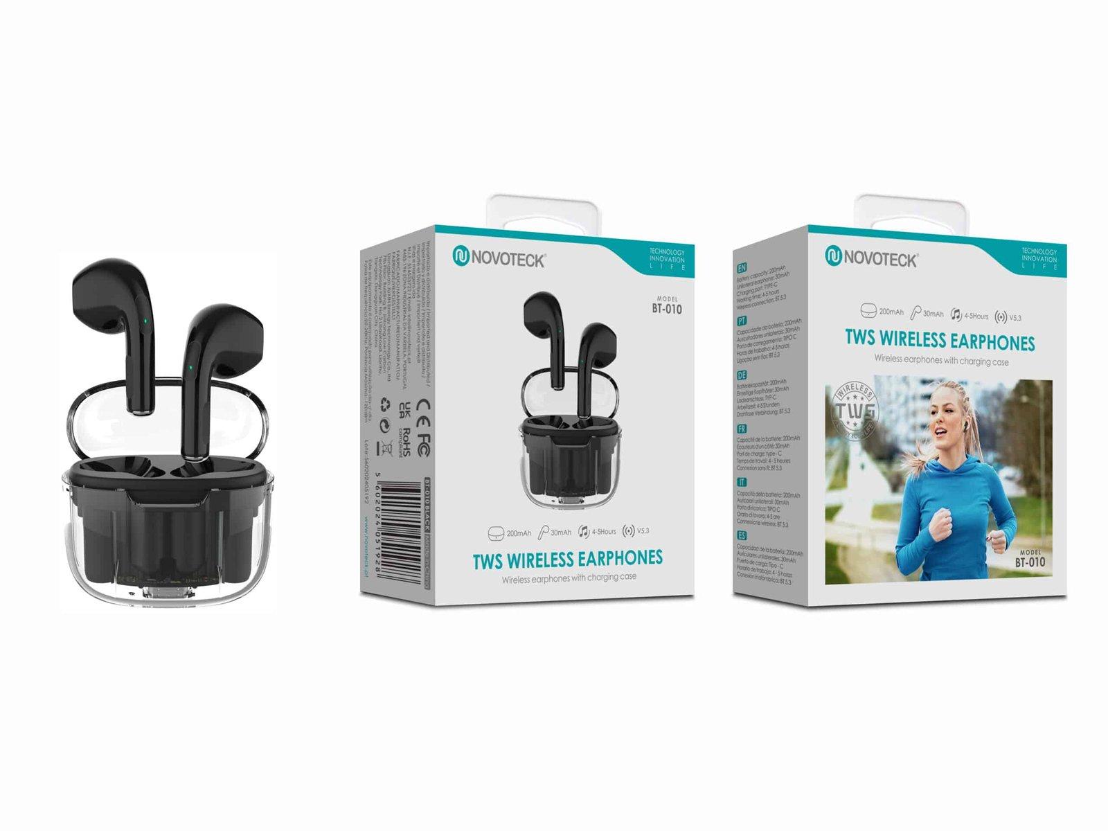 Auriculares Bluetooth TWS Negro BT-010 – Estojo de Carregamento Transparente, Design Moderno