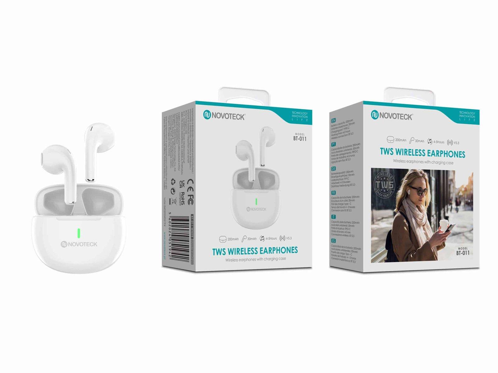 Auriculares Bluetooth TWS Novoteck BT-011 – Estojo de Carregamento Portátil, Design Clássico