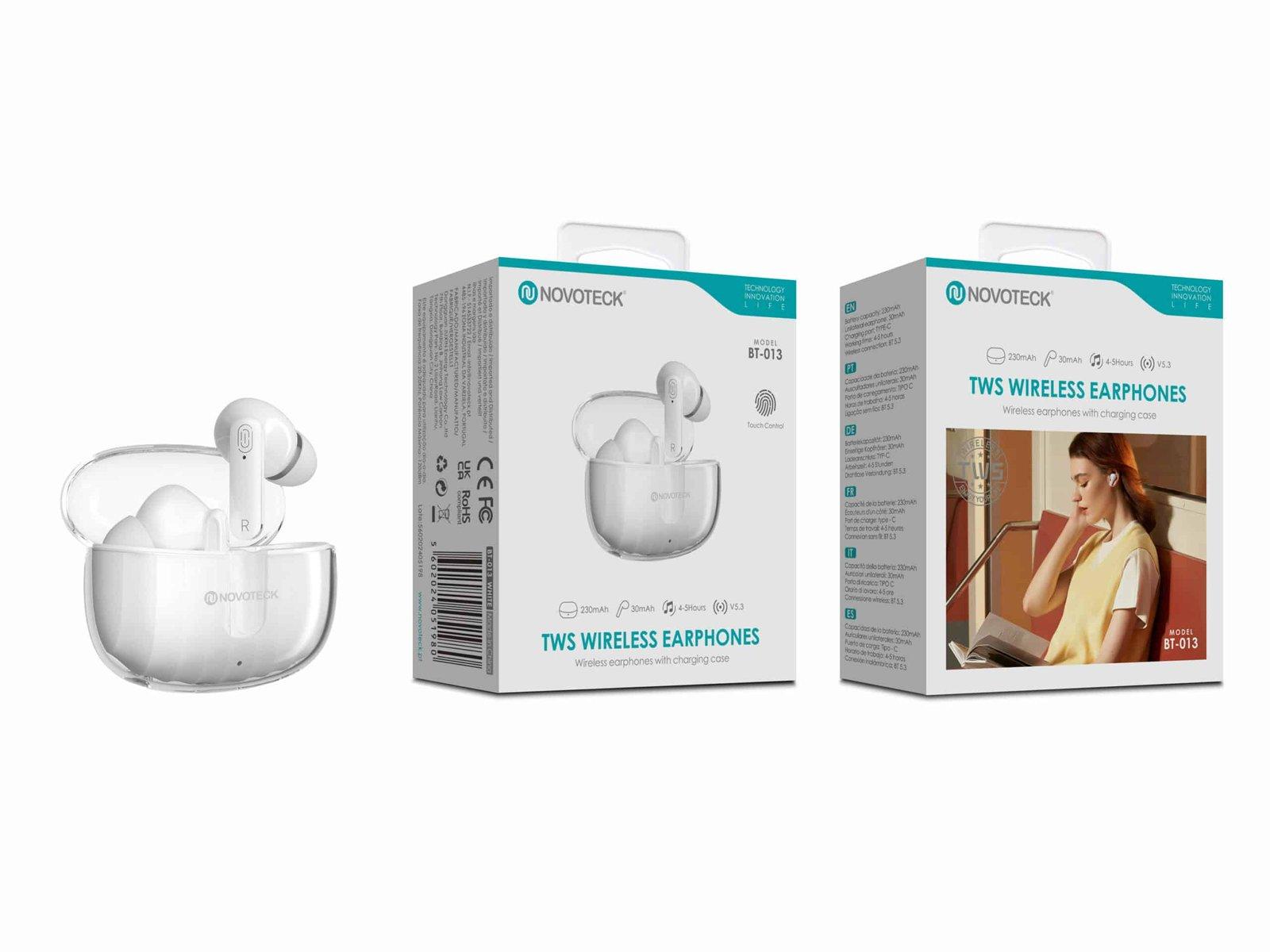 Auriculares Bluetooth TWS Branco BT-013 – Estojo de Carregamento Transparente, Controlo Touch