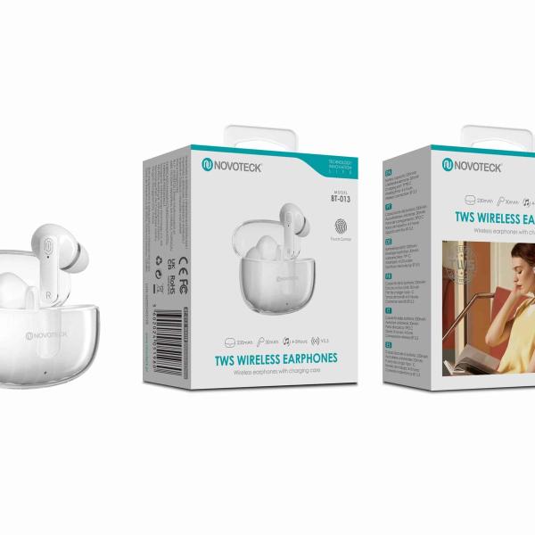 Auriculares Bluetooth TWS Branco BT-013 – Estojo de Carregamento Transparente, Controlo Touch