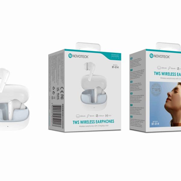 Auriculares Bluetooth TWS Novoteck BT-014 – Estojo de Carregamento Compacto, Design Moderno