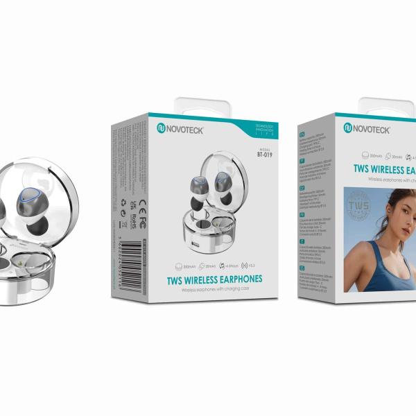 Auriculares Bluetooth TWS Branco BT-019 – Estojo de Carregamento Transparente, Design Moderno