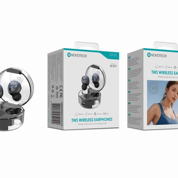 Auriculares Bluetooth TWS Negro BT-019 – Estojo de Carregamento Transparente, Design Moderno