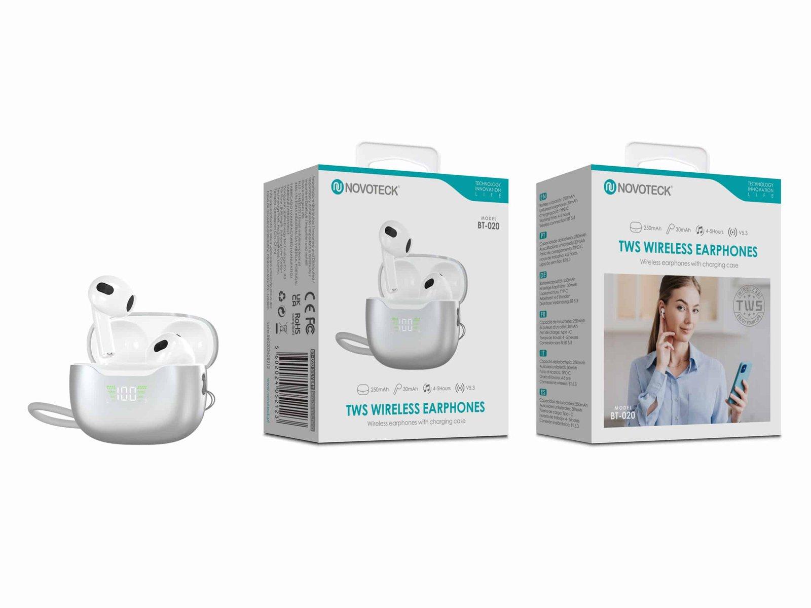 Auriculares Bluetooth TWS Novoteck BT-020 – Ecrã LED e Estojo de Carregamento