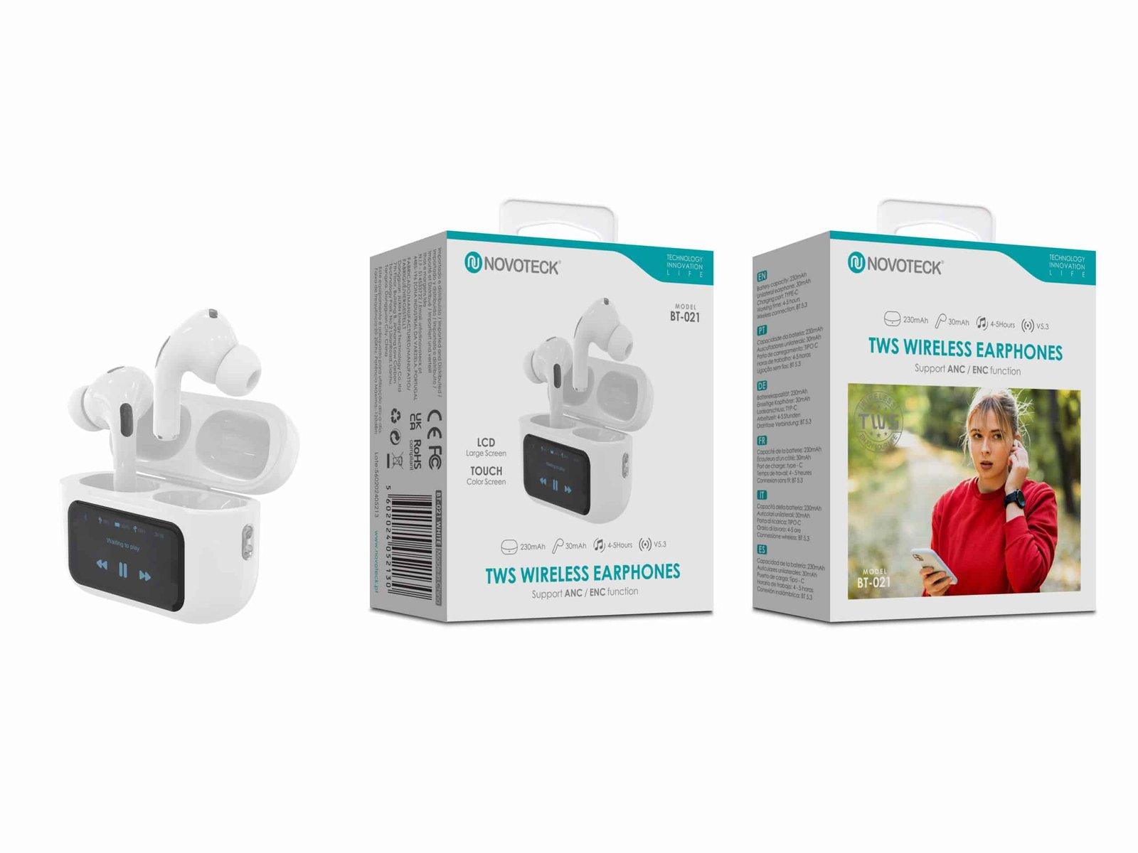 Auriculares Bluetooth TWS Novoteck BT-021 – Cancelamento de Ruído, Ecrã Táctil LCD