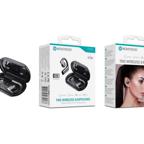 Auriculares Bluetooth TWS Novoteck BT - 022 – Com Gancho de Orelha, Display LED, Estojo de Carregamento, Bluetooth 5.2