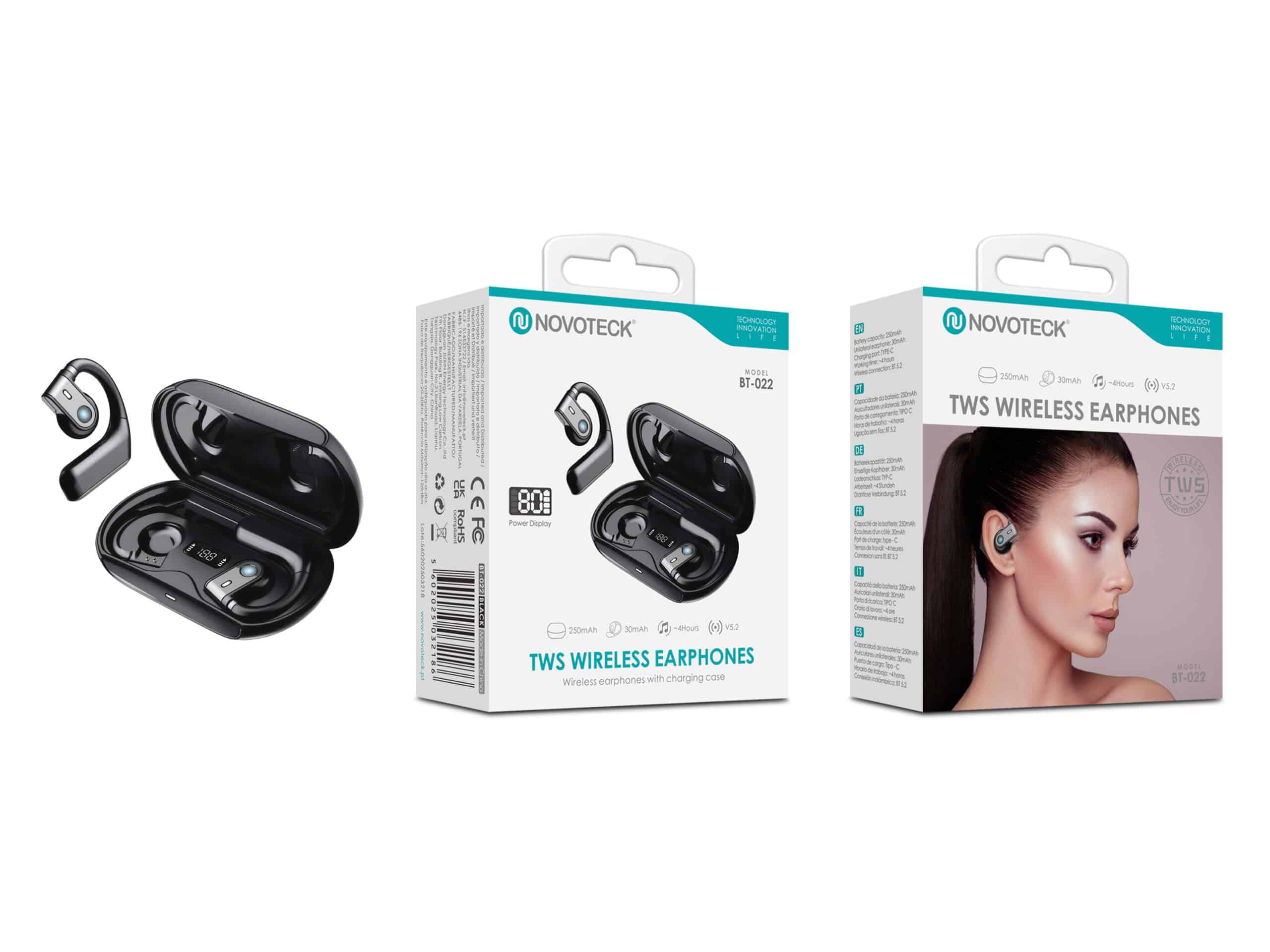 Auriculares Bluetooth TWS Novoteck BT - 022 – Com Gancho de Orelha, Display LED, Estojo de Carregamento, Bluetooth 5.2