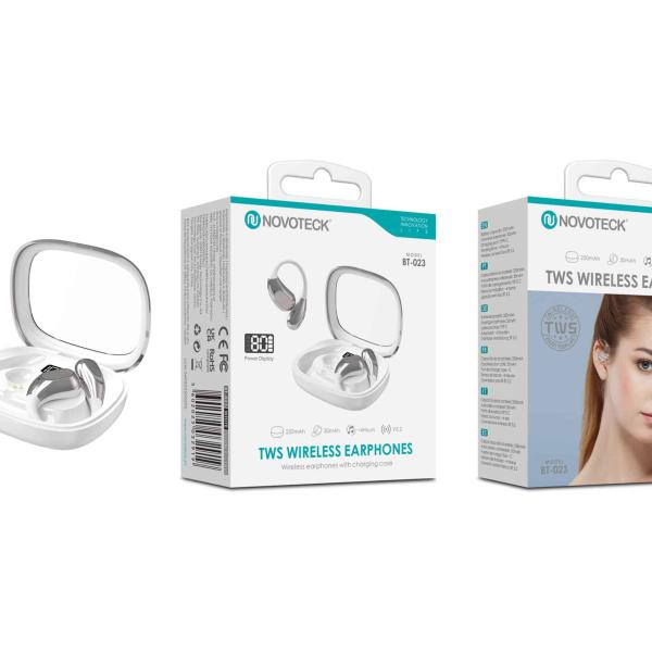 Auriculares Bluetooth TWS Branco BT - 023 – Com Gancho de Orelha, Estojo com Espelho e Display LED, Bluetooth 5.2