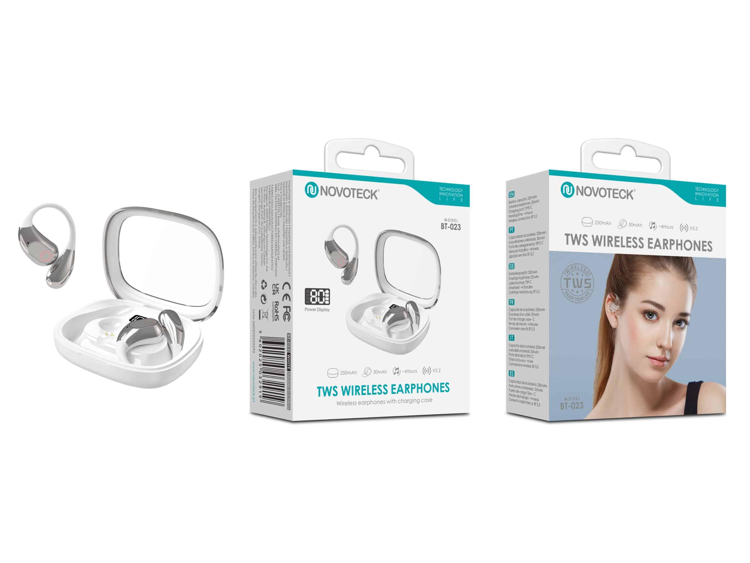 Auriculares Bluetooth TWS Branco BT - 023 – Com Gancho de Orelha, Estojo com Espelho e Display LED, Bluetooth 5.2
