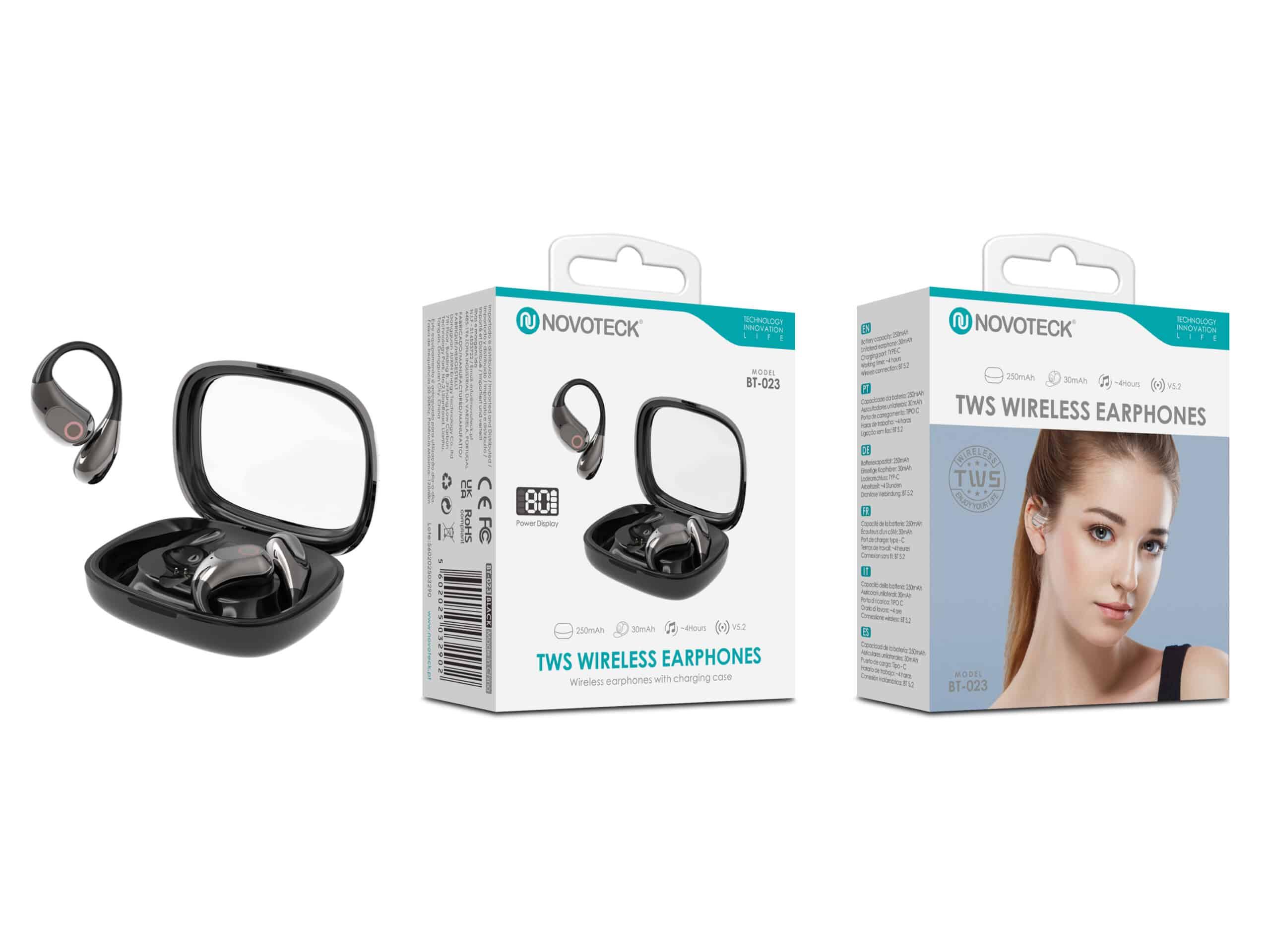 Auriculares Bluetooth TWS Negro BT - 023 – Com Gancho de Orelha, Estojo com Espelho e Display LED, Bluetooth 5.2