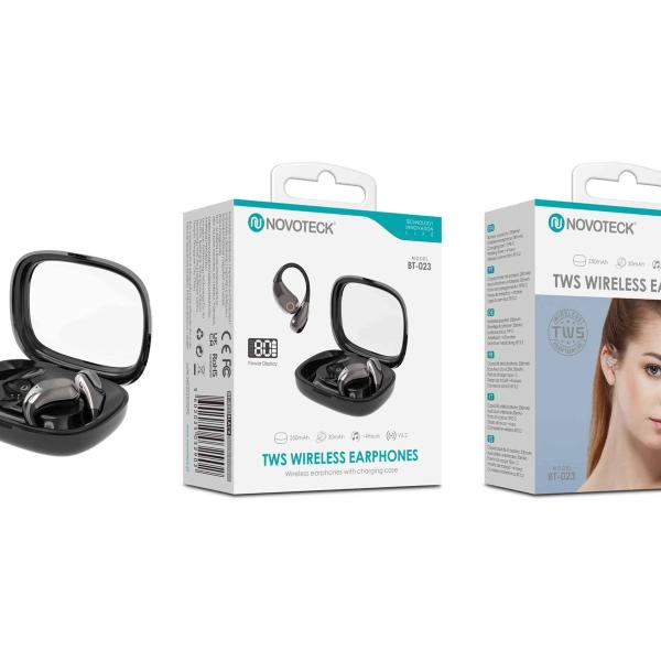 Auriculares Bluetooth TWS Negro BT-023 – Com Gancho de Orelha, Estojo com Espelho e Display LED, Bluetooth 5.2