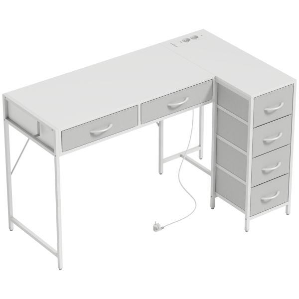 Secretária de Canto Reversível com 6 Gavetas 126x48 cm com Tomada de Energia Porta USB e USB - C Branco
