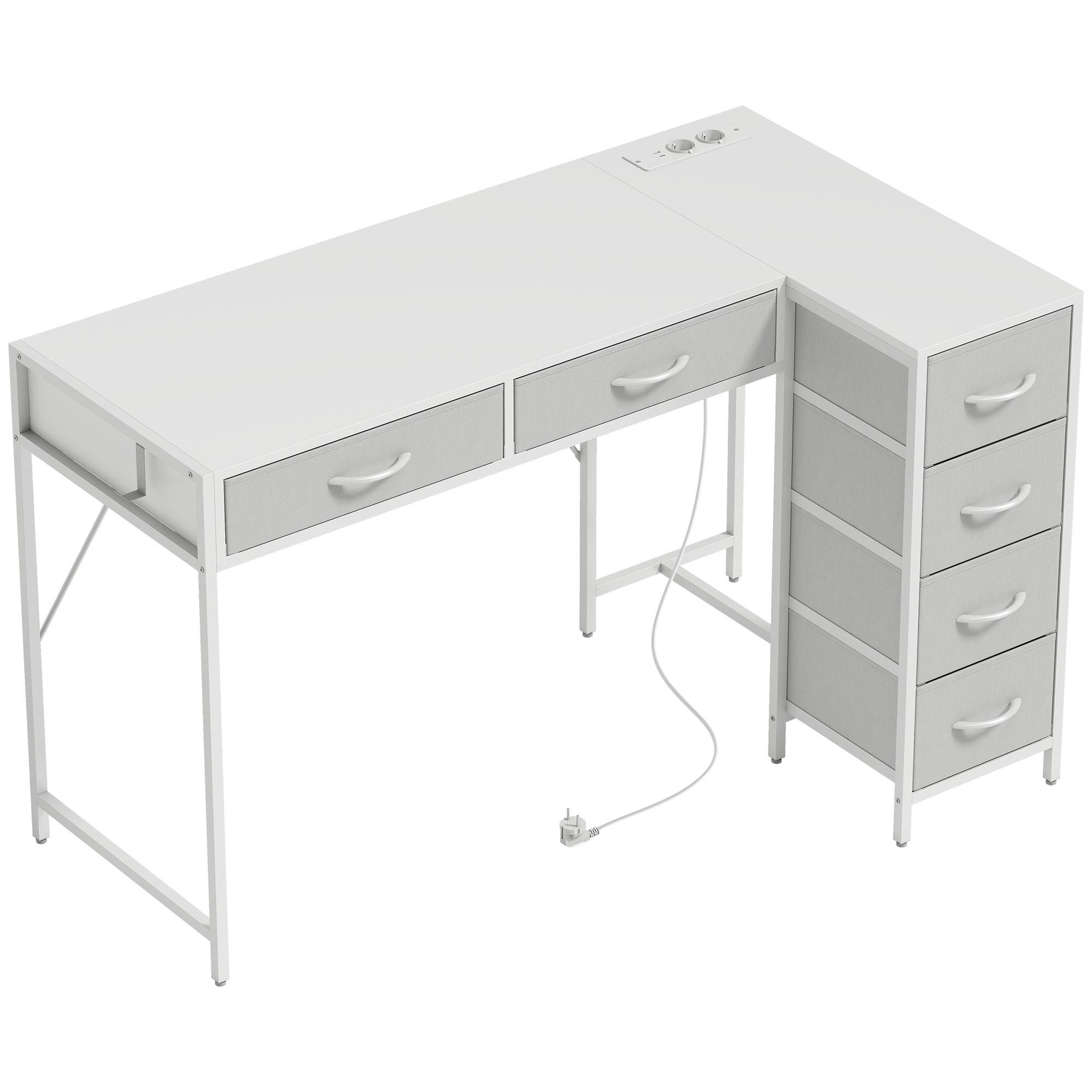 Secretária de Canto Reversível com 6 Gavetas 126x48 cm com Tomada de Energia Porta USB e USB - C Branco