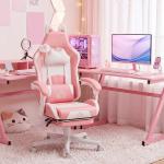 Cadeira Gaming com Orelhas Cadeira Gamer Reclinável com Altura Ajustável e Suporte Lombar 65x62x116 - 124 cm Rosa e Branco