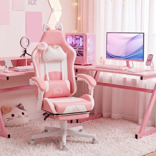 Cadeira Gaming com Orelhas Cadeira Gamer Reclinável com Altura Ajustável e Suporte Lombar 65x62x116 - 124 cm Rosa e Branco