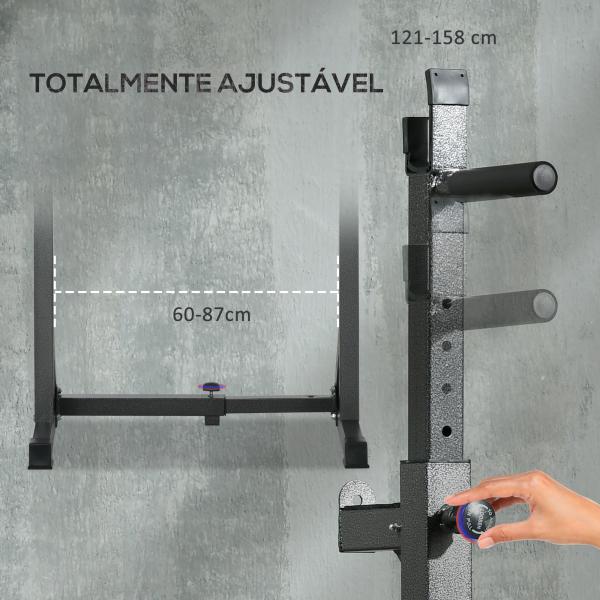 Suporte para Barras de Pesos com Largura e Altura Ajustáveis Suporte de Musculação com Estrutura de Aço 60 - 87x65x121 - 158 cm Preto