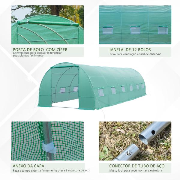 Estufa tipo Túnel 8x3x2m Aço e PE 140 g/m² Estufa para Cultivo de Plantas Tomates Verduras com 12 Janelas e Porta Enroláveis Verde