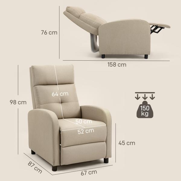 Poltrona Relax Reclinável até 155° Poltrona Reclinável Manual para Pessoas com Altura Inferior 195 cm 67x87x98 cm Bege
