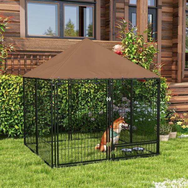 Parque para Cães com Toldo com Suporte Giratório para Comida 2 Tigelas Incluídas 141x141x151 cm Preto Marrom