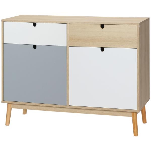 Aparador Auxiliar Móvel de Armazenamento com 2 Armários Fechados e 2 Gavetas Pés Elevados de Madeira de Pinho para Cozinha Dormitório Entrada 100x40x79,5cm Branco Cinza Madeira