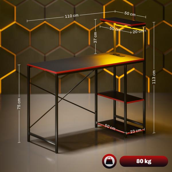 Secretária Gaming com Luzes LED 100x50 cm Secretária Gaming de Fibra de Carbono com Tomadas de Corrente e Controlo Remoto Preto