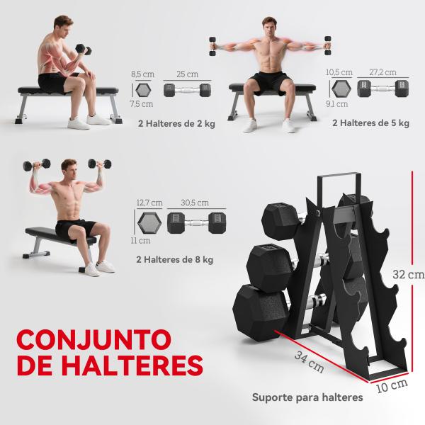 Conjunto de Halteres 6 Peças 2 x 2 kg 2 x 5 kg 2 x 8 kg com Revestimento em Borracha Antideslizante e Suporte Preto
