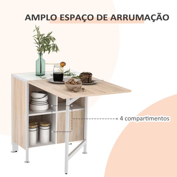 Mesa Dobrável de Arrumação 4 Prateleiras para Sala de Jantar Sala de Estar Mesa Auxiliar de Madeira 169x62x75 cm Carvalho e Branco