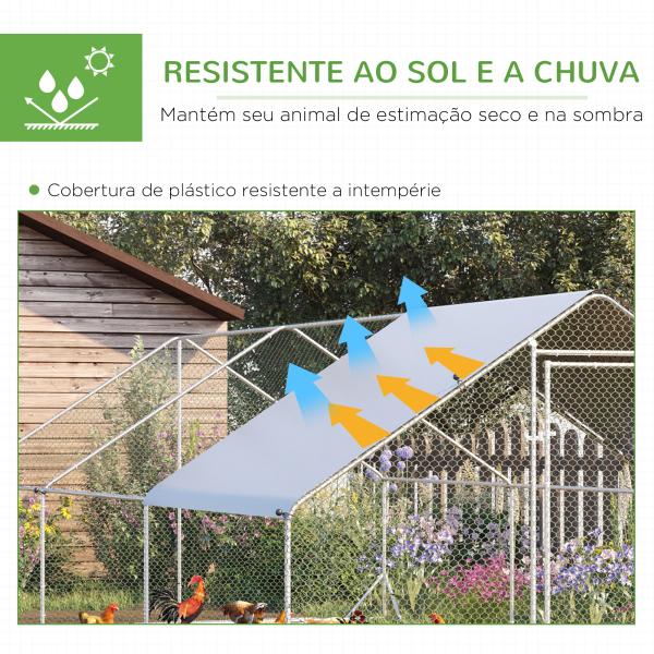 Galinheiro de Exterior Grande 3x6x2m Gaiola para 12 - 18 Galinhas de Aço Galvanizado com Teto de PE e Fechadura para Coelhos Prata