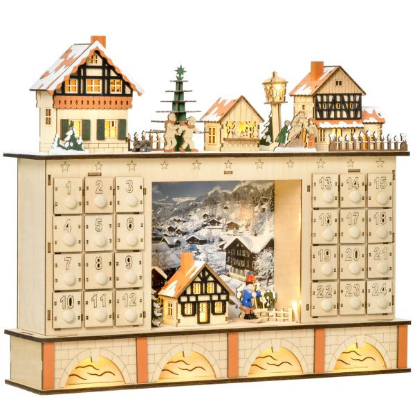 Calendário de Advento de Madeira com Luzes e 24 Gavetas de Contagem Regressiva Decoração de Natal 44x10x37 cm Madeira