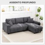 Sofá Chaise Longue Reversível 3 Lugares com 2 Almofadas Estofado em Linho e Estrutura em Aço 242x156x87 cm Cinzento Escuro