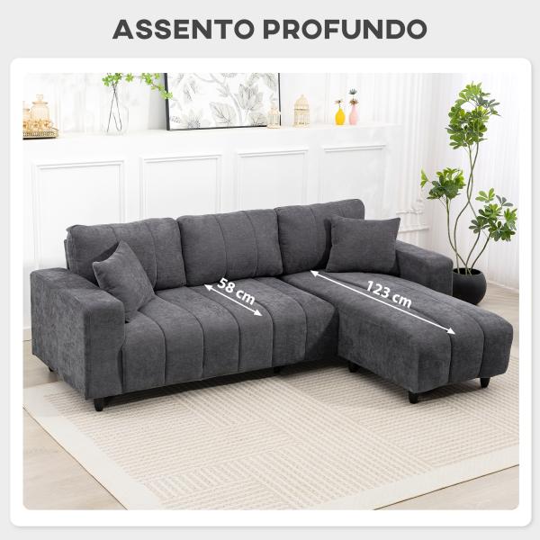 Sofá Chaise Longue Reversível 3 Lugares com 2 Almofadas Estofado em Linho e Estrutura em Aço 242x156x87 cm Cinzento Escuro