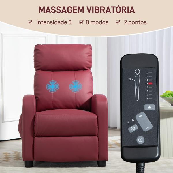 Poltrona de Massagem Reclinável com 2 Zonas de Massagem 8 Programas e 5 Níveis de Intensidade 68x88x98 cm Borgonha