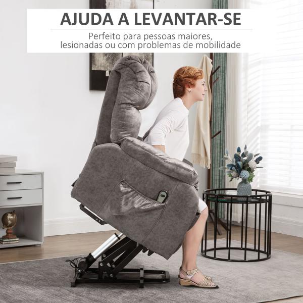 Poltrona Levanta Pessoas Estofada em Veludo com Reclinação Elétrica 135° e Apoio para os Pés 83x91x100 cm Cinza