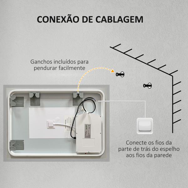 Espelho Casa de Banho com Luzes LED 70x50 cm Função Antiembaciamento 3 Cores Função de Memória e Interruptor Tátil Prata
