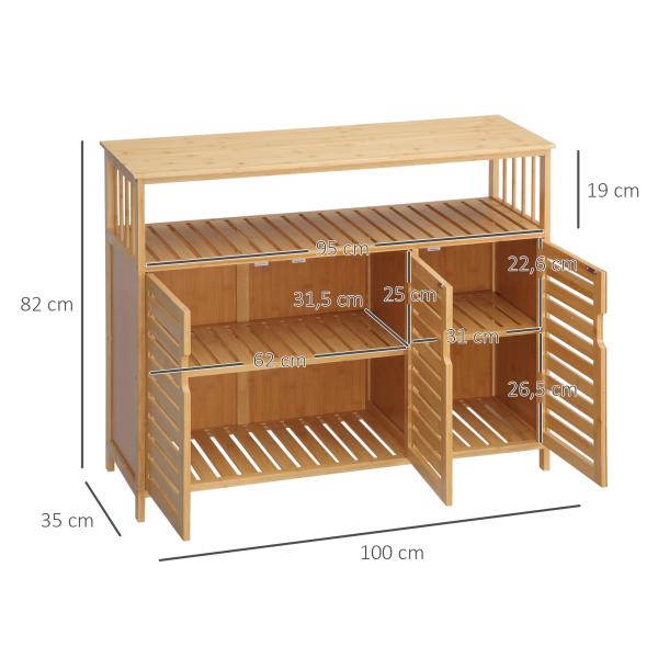 Aparador de 3 Portas Aparador em Bambu com Estantes para Sala de Jantar Cozinha Entrada 100x35x82 cm Madeira