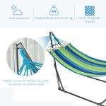 Cama Rede com Suporte Dobrável 2 em 1 Estendal com Barra Estrutura de Aço para Jardim 270x100x94 cm Azul e Verde