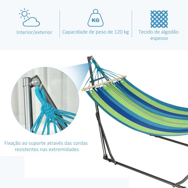 Cama Rede com Suporte Dobrável 2 em 1 Estendal com Barra Estrutura de Aço para Jardim 270x100x94 cm Azul e Verde