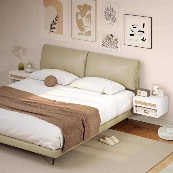Conjunto de 2 Mesas de Cabeceiras Suspensas com Compartimento Aberto e Gaveta com Frente em Vime 40x34x23 cm Branco