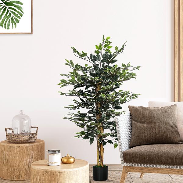 Ficus Artificial com Troncos Planta Artificial com Vaso e 702 Folhas Realistas para Ø15x130 cm Verde