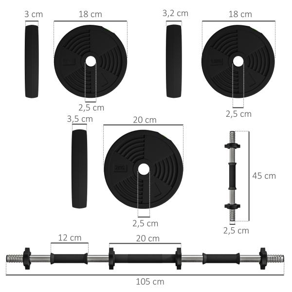 Kit de Halteres 20kg 2 em 1 com Barra de Pesos Pega Antiderrapante para Treino de Força Preto Verde